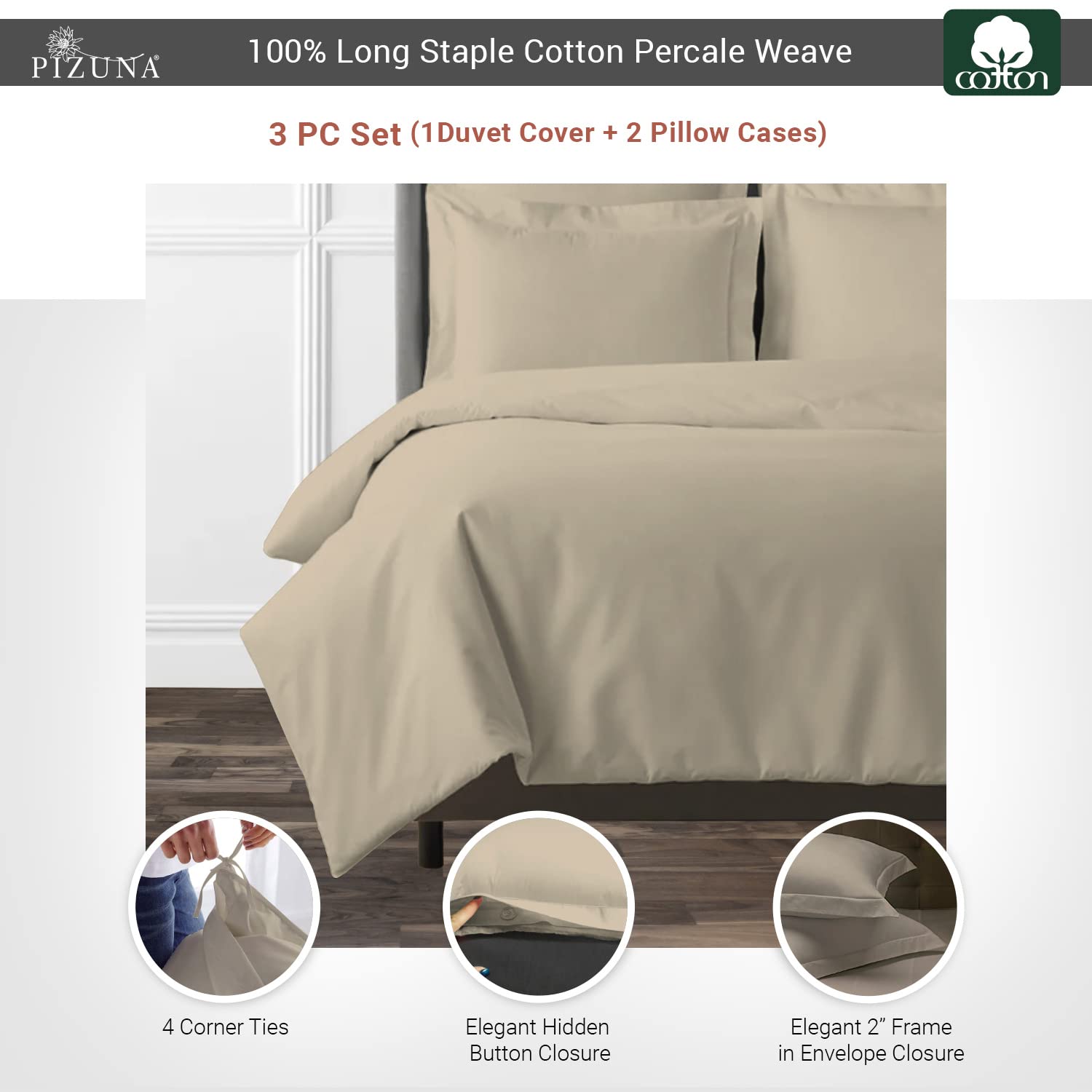 Pizuna Simply Taupe Cotton Percale Duvet Cover Super King Size 260x220 - Image 3