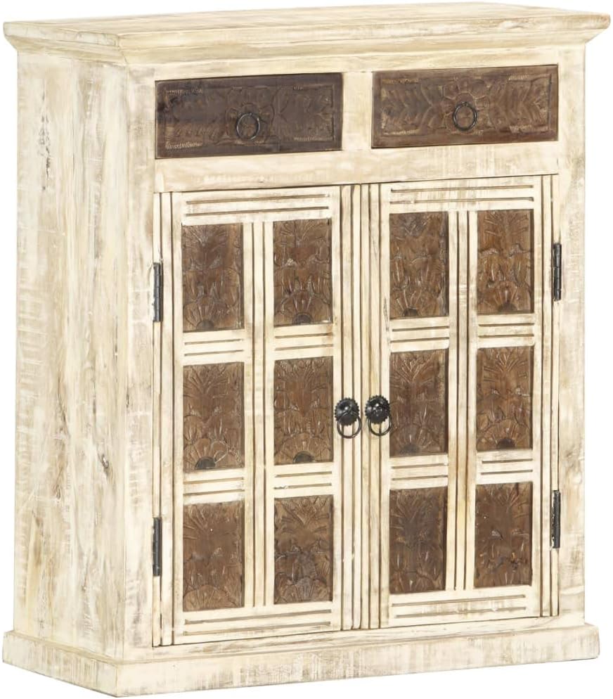 White Sideboard with Carved Brown Patterns Solid Mango Wood, 2 Drawers and 2 Doors Storage Cabinet for Dining Room Entryway, Durable Furniture Piece with Floral Design