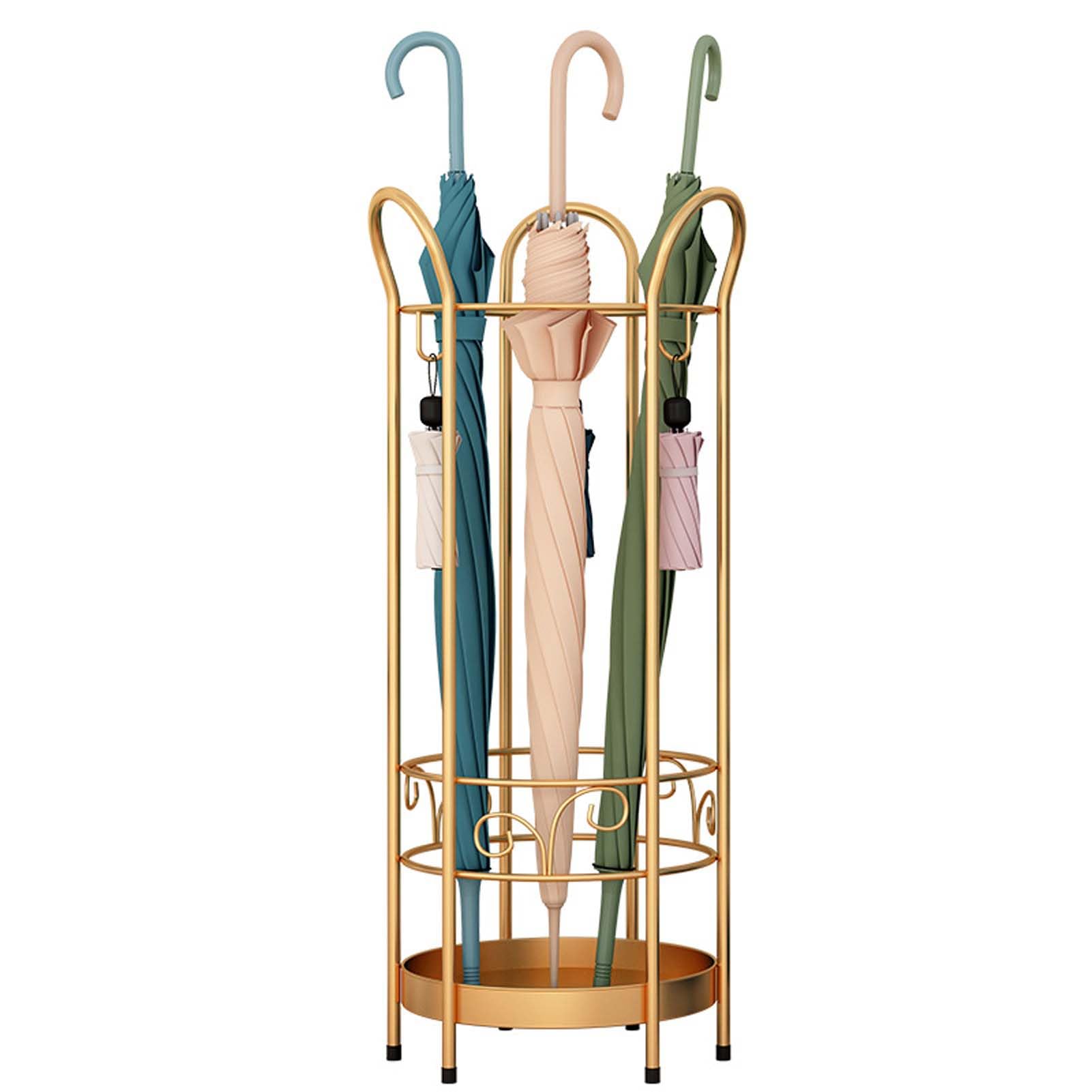 Porte-parapluies doré élégant et compact avec bac égouttoir pour rangement d'entrée en métal