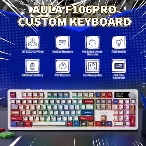 Image of AULA Wireless Mechanical Gaming Keyboard Full Size 8000mAh with Knob&Screen | Hot Swappable Custom,RGB Backlit,Creamy Pre-lubed Blaze Switches,PBT Keycaps,Tri-Mode BT /2.4GHz /USB-C,F106Pro Comic Mix Color
