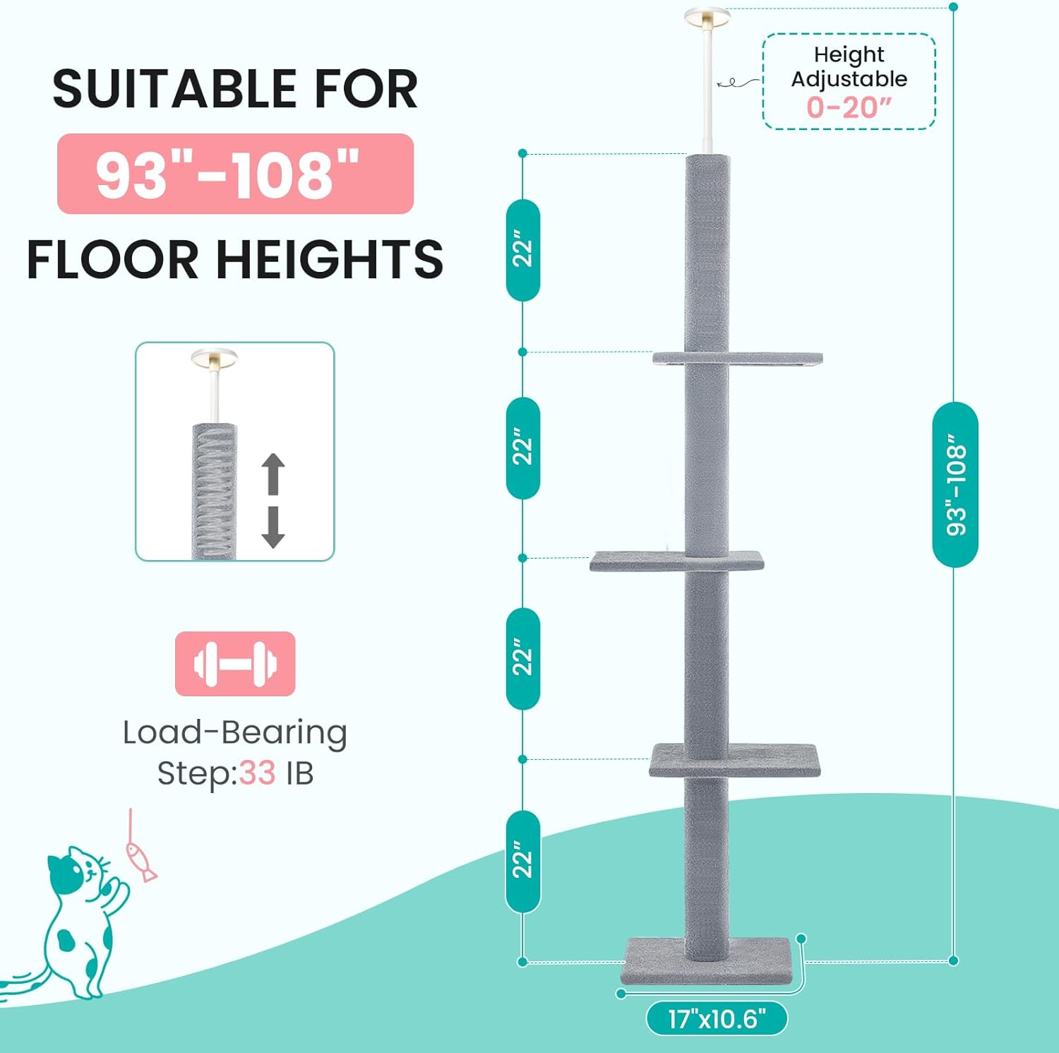 Max & Marlow Cat Tree Floor to Ceiling Cat Tower Height 95-108" Adjustable Kitten Tree Tall Climbing Tree with Carpet Scratching Post and Mat Cat Pole for Indoor Cats,Light Grey