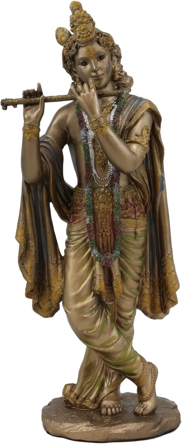 Ebros Gift 10" Tall Supreme Hindu God Lord Krishna Avatar of Vishnu Playing Flute Statue Hinduism Deity of Perfect Love Romance Yoga and Vastu Decorative Figurine