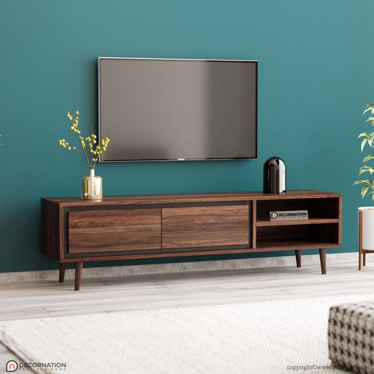 decornation akiwa solid wood tv unit table - one compartment with with 2 drawers and shelf for living room, bedroom, office furniture stand (63 x 14 x 16 inches, natural finish)