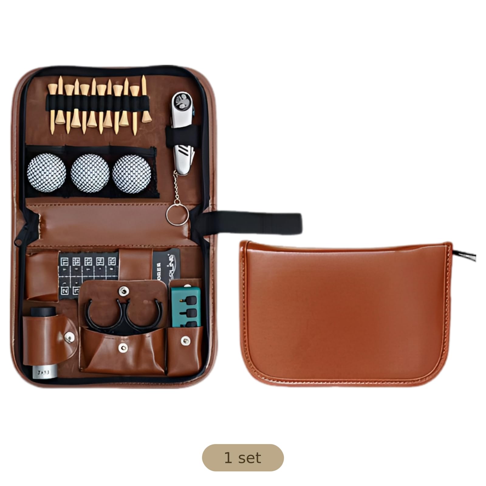 Golf-Zubehör Leder-Werkzeugtaschen-Set, tragbares Golf-Geschenkset mit mehreren Fächern, mit Entfernungsmesser-Fach und elastischem Band, leichter Organizer mit Reißverschluss, 25 x 17 x 6 cm