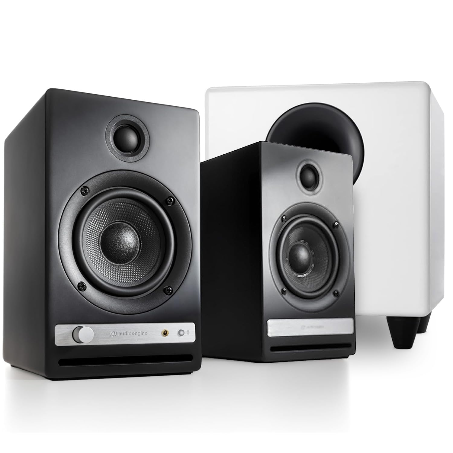 Audioengine HD4 Black Wireless Bluetooth Speakers and S8 White Subwoofer Bundle