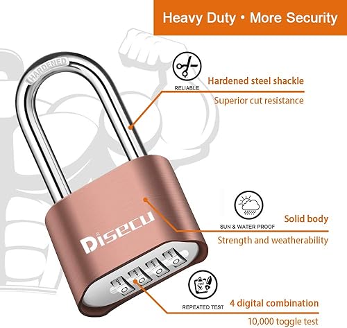 Miniatura 9 de Paquete de 2 cerraduras de combinación de 4 dígitos resistentes, grillete de 2.5 pulgadas de largo, candado impermeable al aire libre para armario