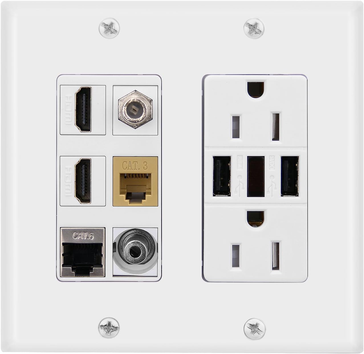 Power Outlet 15A with Dual 2.4A USB charger Wall Plate with LED lighting, 2 HDMI HDTV + CAT3 RJ11 CAT6 RJ45 Shielded Ethernet + Coaxial TV F Type Keystone Face Plate