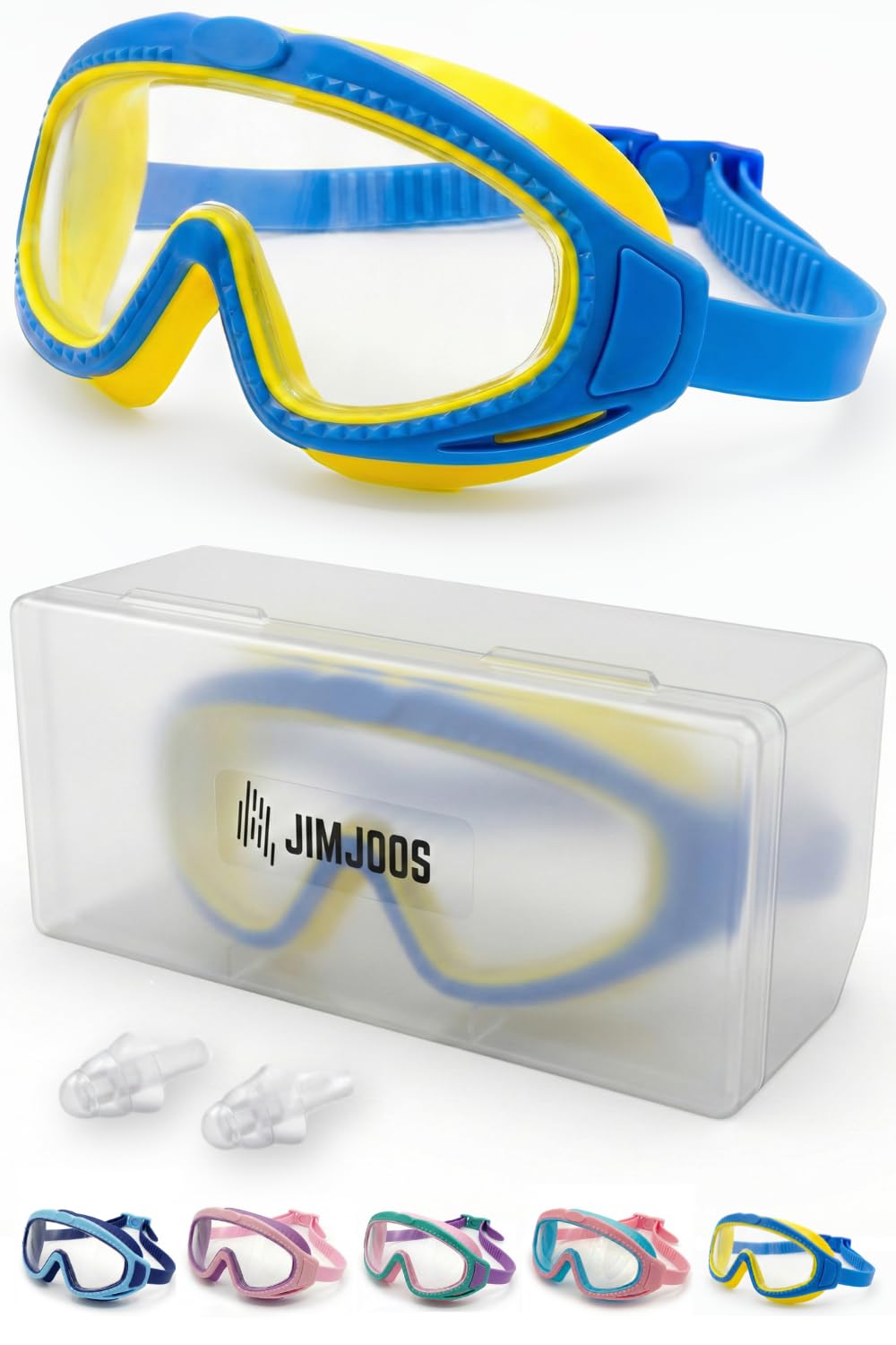 JIMJOOS Kids Swimming Goggles 6-14 - Wide View, Anti Fog, UV Protection, Leak Proof Swim Goggles for Boys Girls - Adjustable Back Strap - Hard Case & Silicone Ear Plugs Included (BLUE-YELLOW)