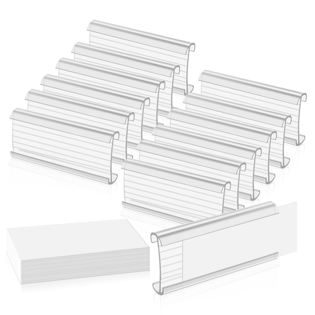 Lenink 100Pcs Wire Shelf Label Holders with 100Pcs Label Paper Inserts, Plastic Wire Rack Label Holder Compatible with Metro and Nexel 1-1/4in Shelves, Label Area 3in Lx1.25in H