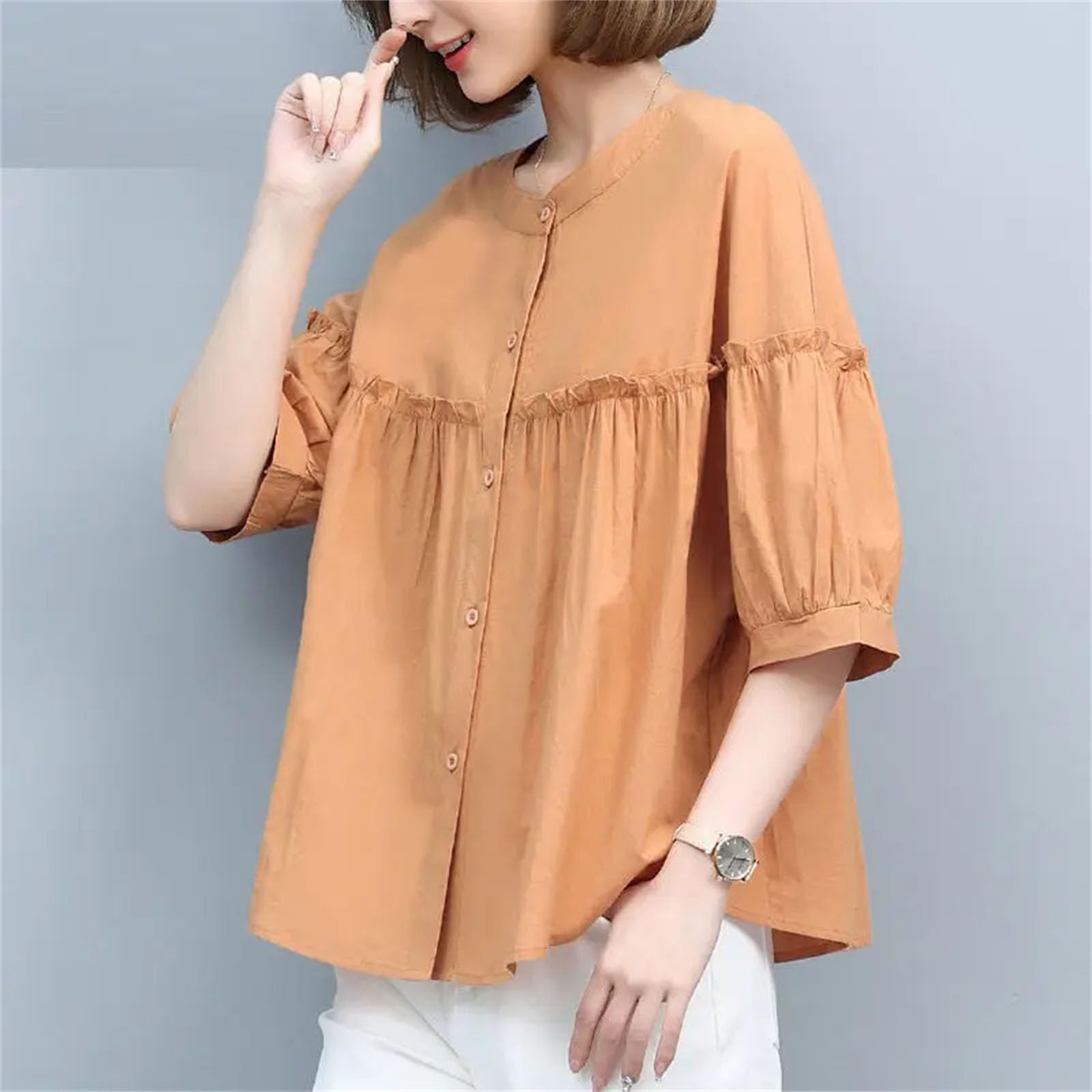 Camicette da donna con volant impiombati con bottoni per donne casual pieghe allentate maniche a lanterna camicette top