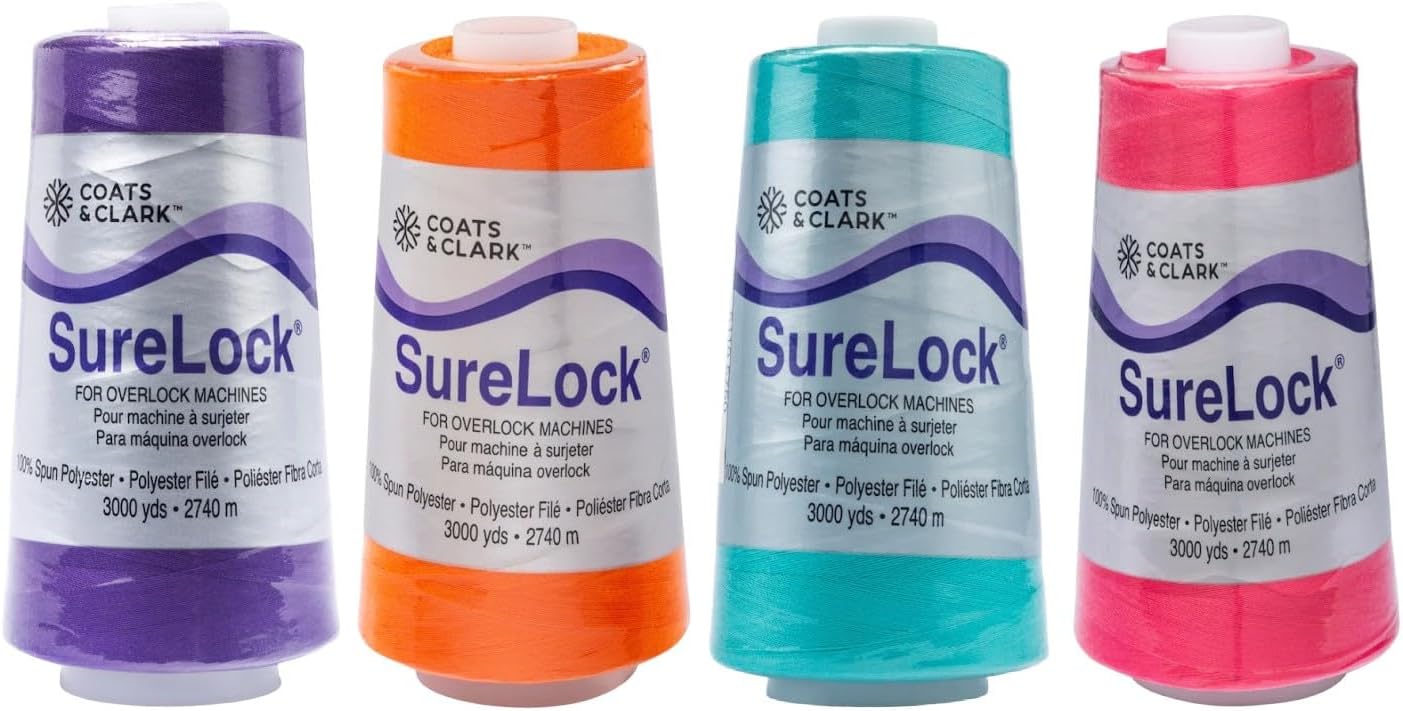 Coats & Clark - SureLock Serger Thread - 4 Cones (Purple, Tangerine, Bahama, Bright Fuschia)