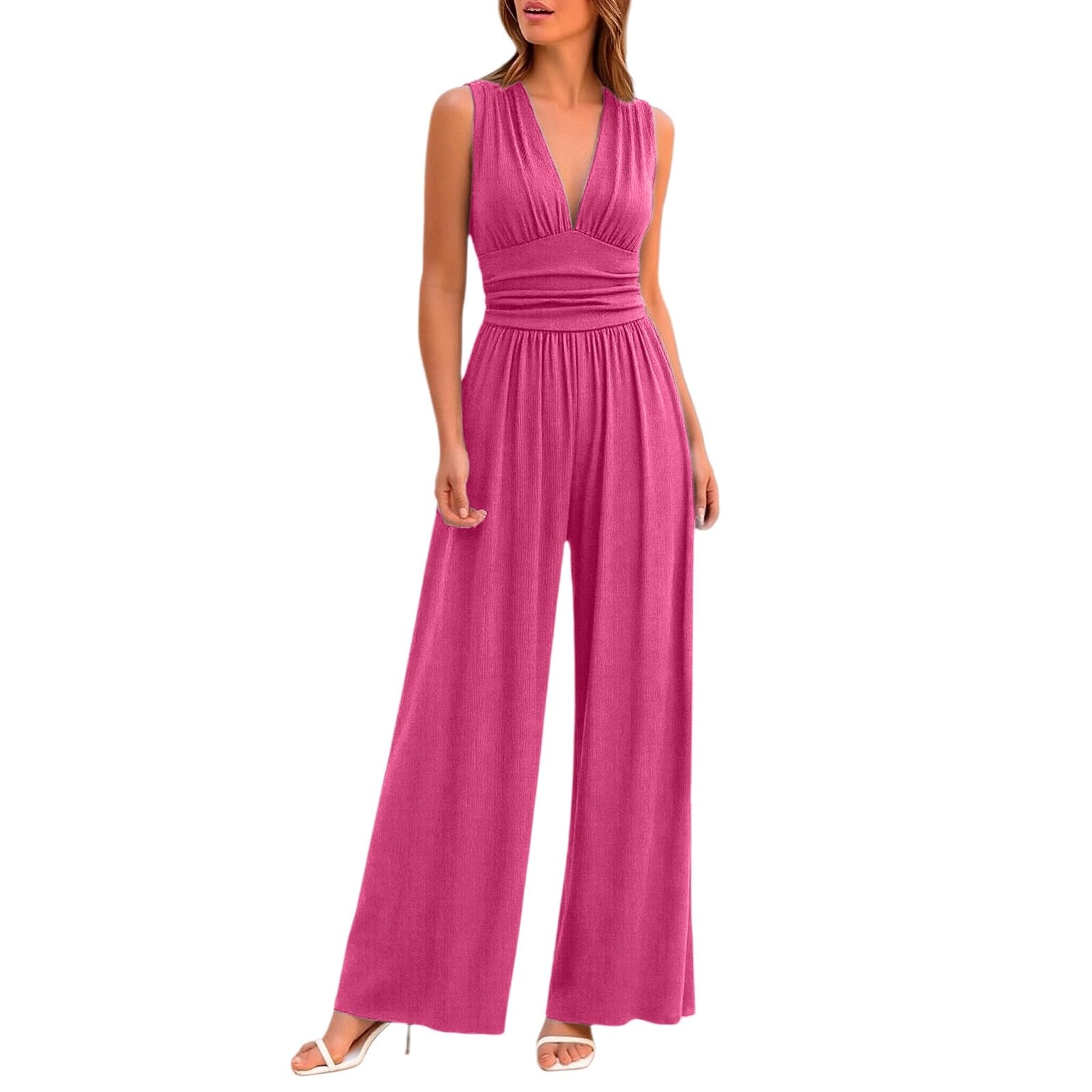 Jumpsuit Damen Elegant Festlich Hosenanzug V-Ausschnitt Ärmellos Overall