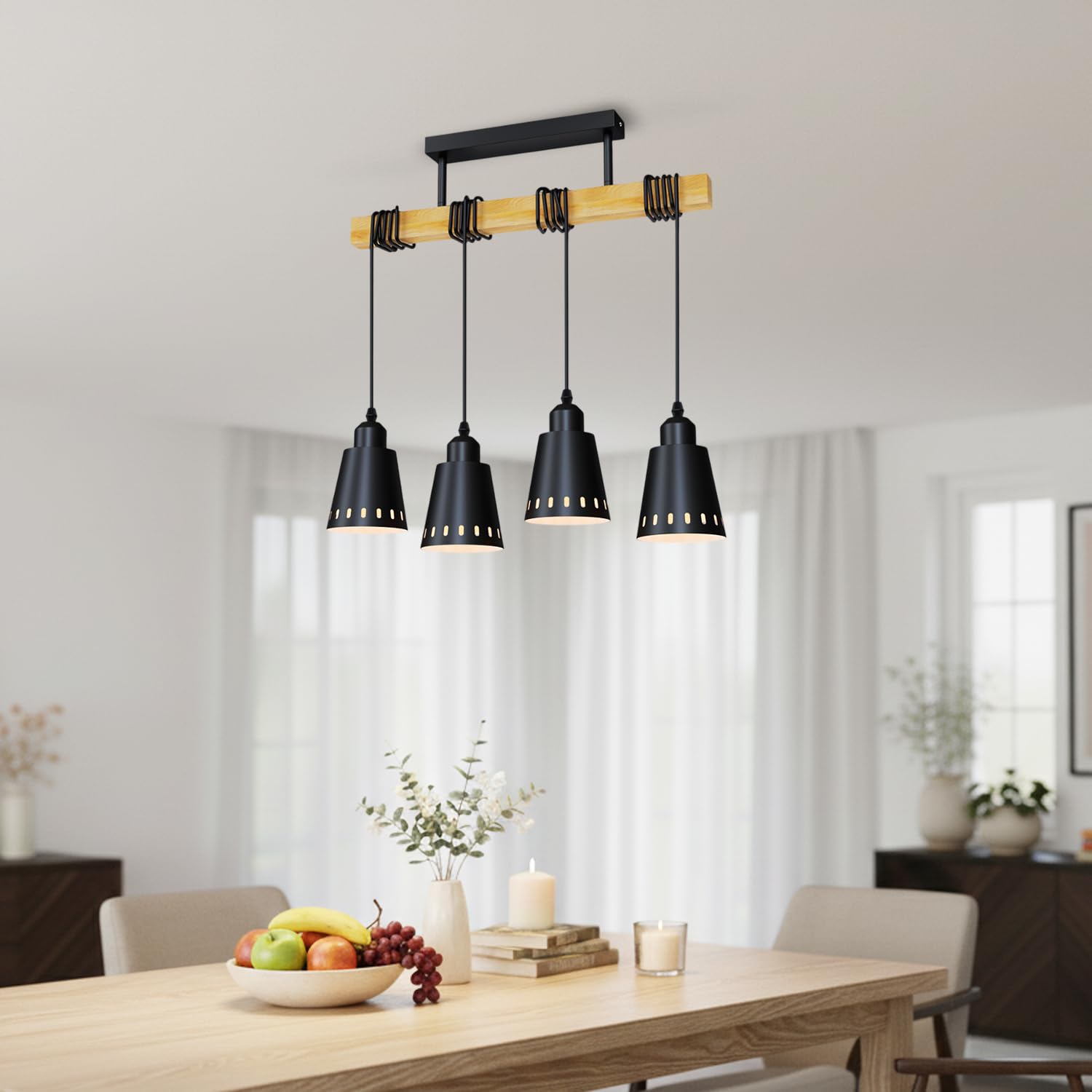Suspension Luminaire Industrielle, E14 Luminaire Salle A Manger 52cm Noir Lustre Bois Avec 4 Tetes Moyenne Lustre Avec Abat Jour En Forme De Filet Pour Salonsans Ampoule 92156489