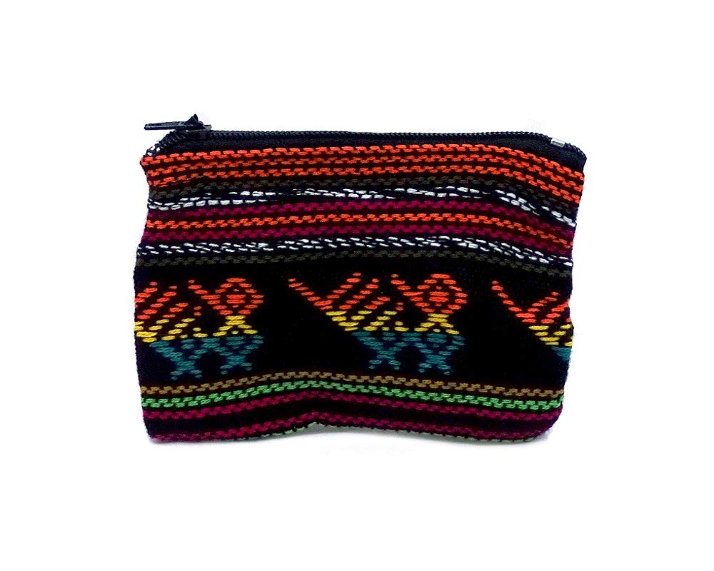 Mini Multicolored Tribal Pattern Woven Lightweight Coin Purse Zipper Pouch - Womens Fashion Handmade Bags Boho Travel Accessories (Black)