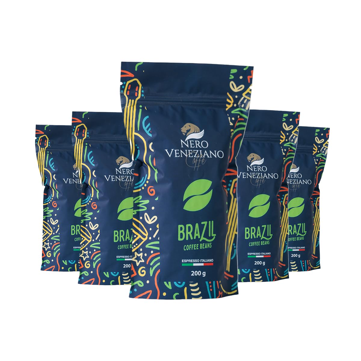 Nero Veneziano Brazil Caffè in Grani 5x200 g 60% Arabica 40% Canephora, Tostatura Media, Note di Cioccolato e Nocciola, Bassa Acidità per Espresso e Automatiche