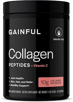 Gainful Performance Boost Collagen Peptides Powder with Vitamin C, Skin, Immune & Joint Support, Grass Fed Bovine Collagen, Unflavored, 20 Servings