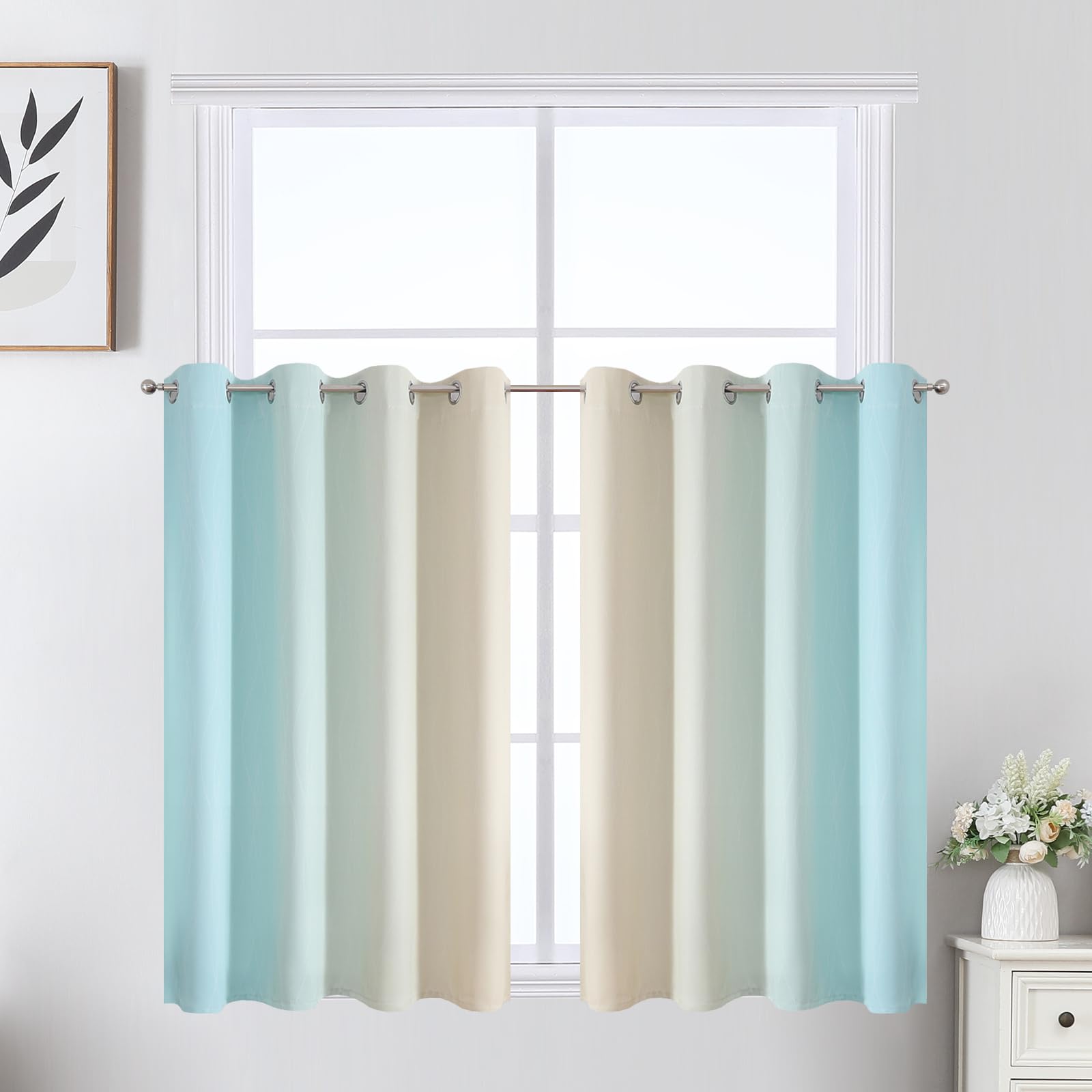 Estelar Textiler Beige and Aqua Ombre Short Blackout Cafe Curtains 36 Inch Length, Thermal Insulated Grommet Small Half Window Drapes for Kitchen/Basement/RV Camper, 52Wx36L, 2 Panels