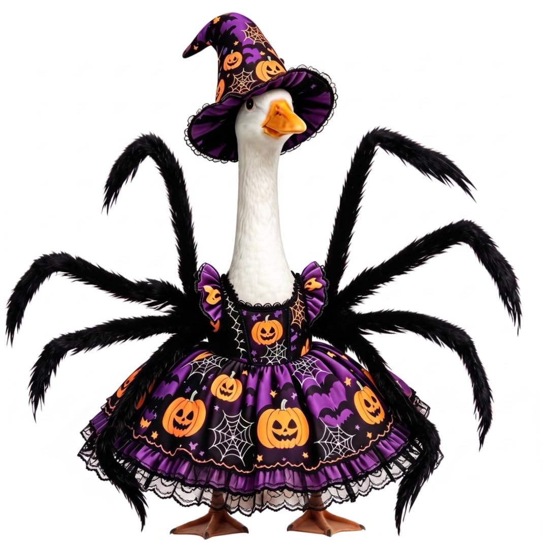 CNAFGBGG Porch Geese Fall Outfit, 23 Inch Spider-Themed Halloween Porch Geese Outfit with Dress & Hat for Patio Yard Lawn Halloween Ornament