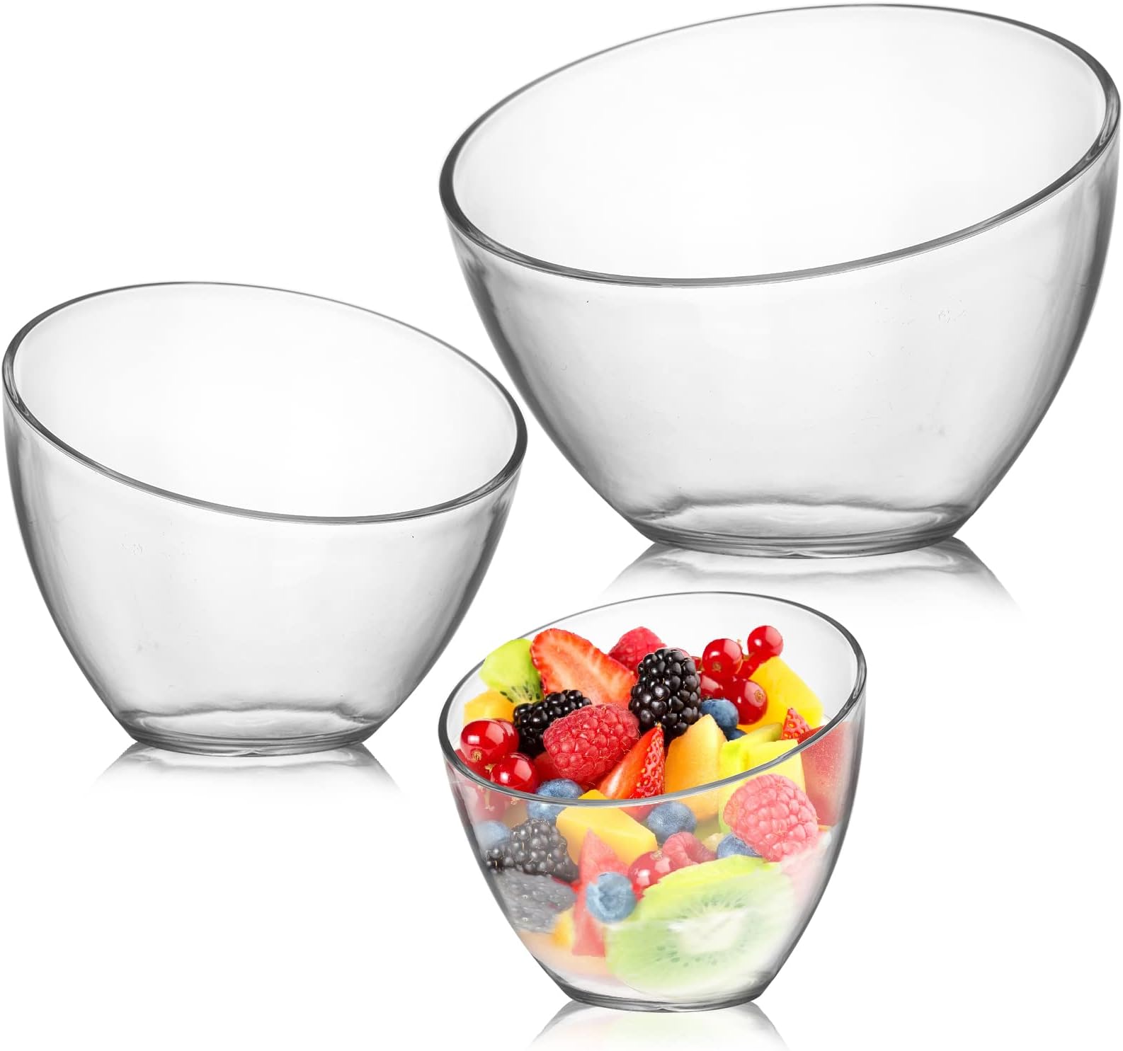 Lyellfe 3 Pack Angled Plastic Bowls, Clear Salad Serving Bowl, Thick Acrylic Candy Bowls for Parties in Assorted Sizes, Snack Bowl for Pasta, Candy, Chips, Fruit, Prep