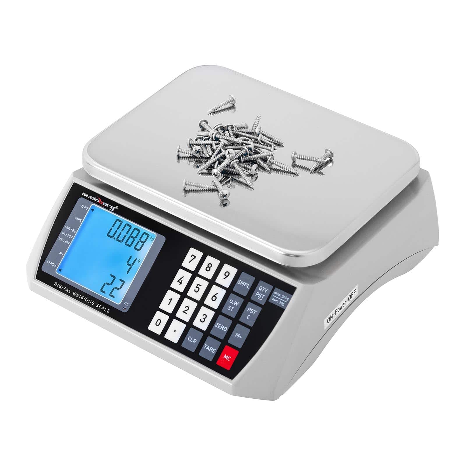 Steinberg Systems Balance Compteuse 30 kg / 1 g 22 x 17 cm 72 h d'Autonomie Appareil de Comptage Pèse-Pièces Pesée Industrielle