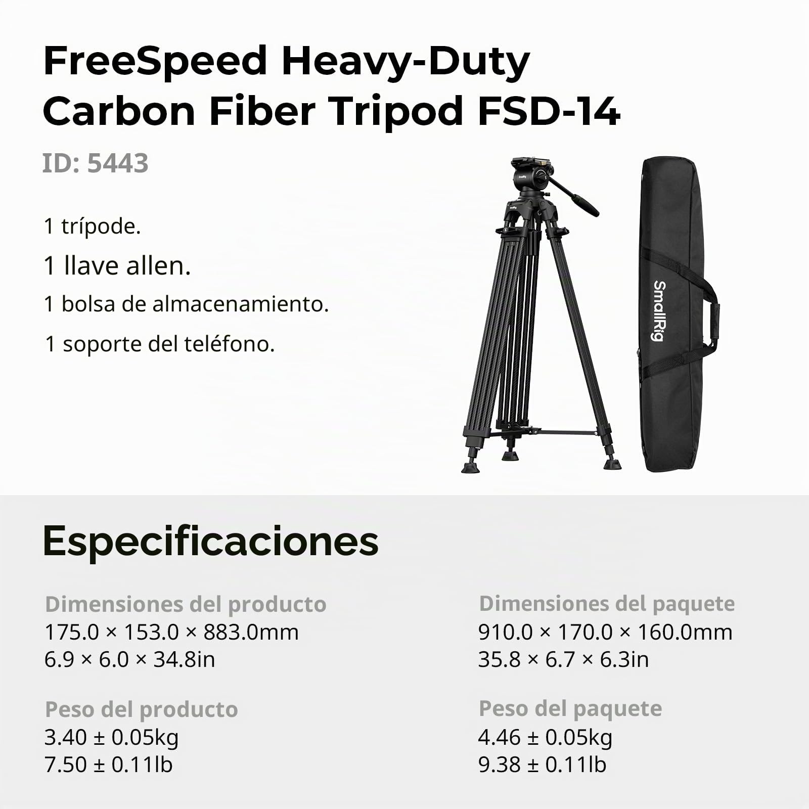 SMALLRIG Trípode de Fibra de Carbono FreeSpeed, 75" con Cabeza Fluida para Placa Manfrotto, Extensión Rápida, Carga 22 LB, para DSLR y Cámaras de Video - 5443