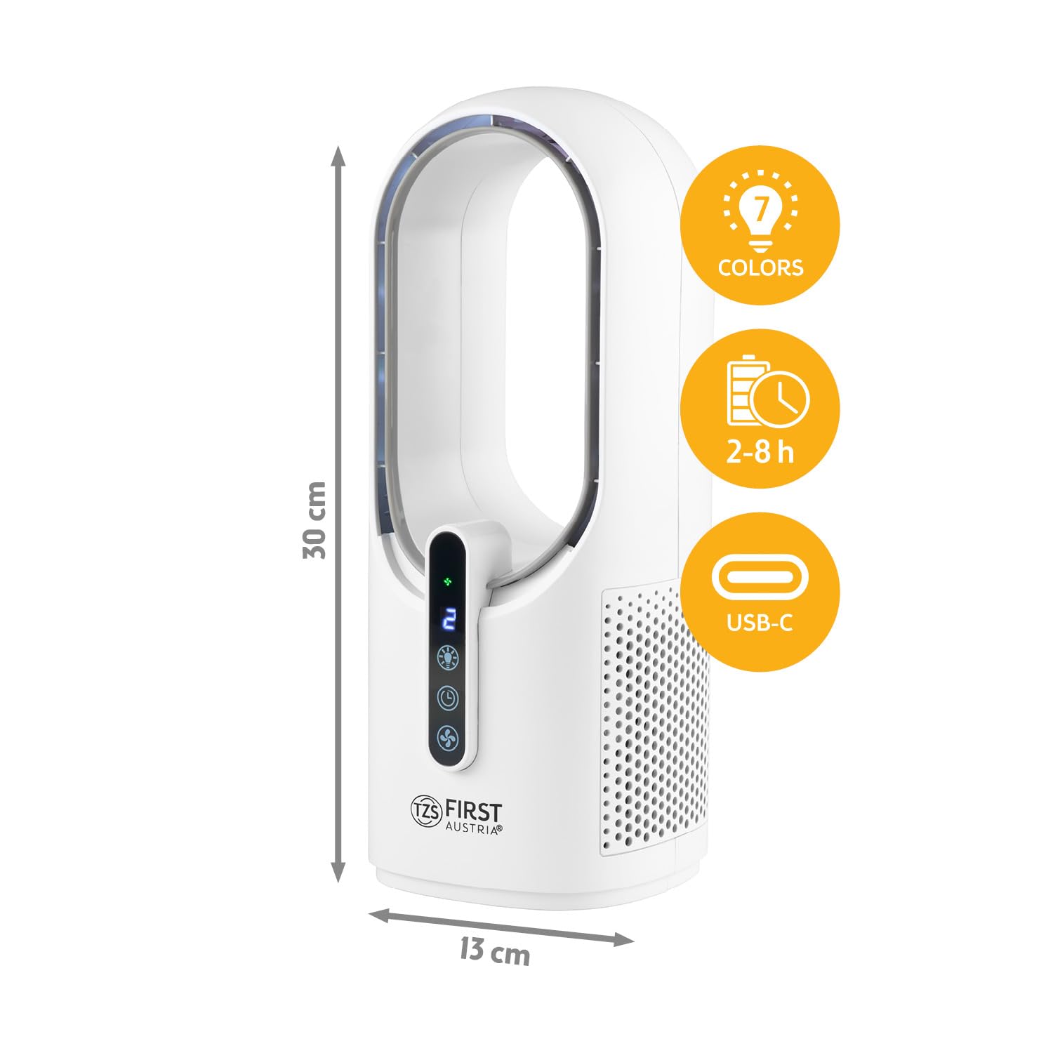 TZS First Austria - Akku Tischventilator - 5W - 3 Stufen & Timer - Leiser Turboloser Ventilator mit 7-Farben Nachtlicht & USB-C - Touch-Bedienung - Weiß