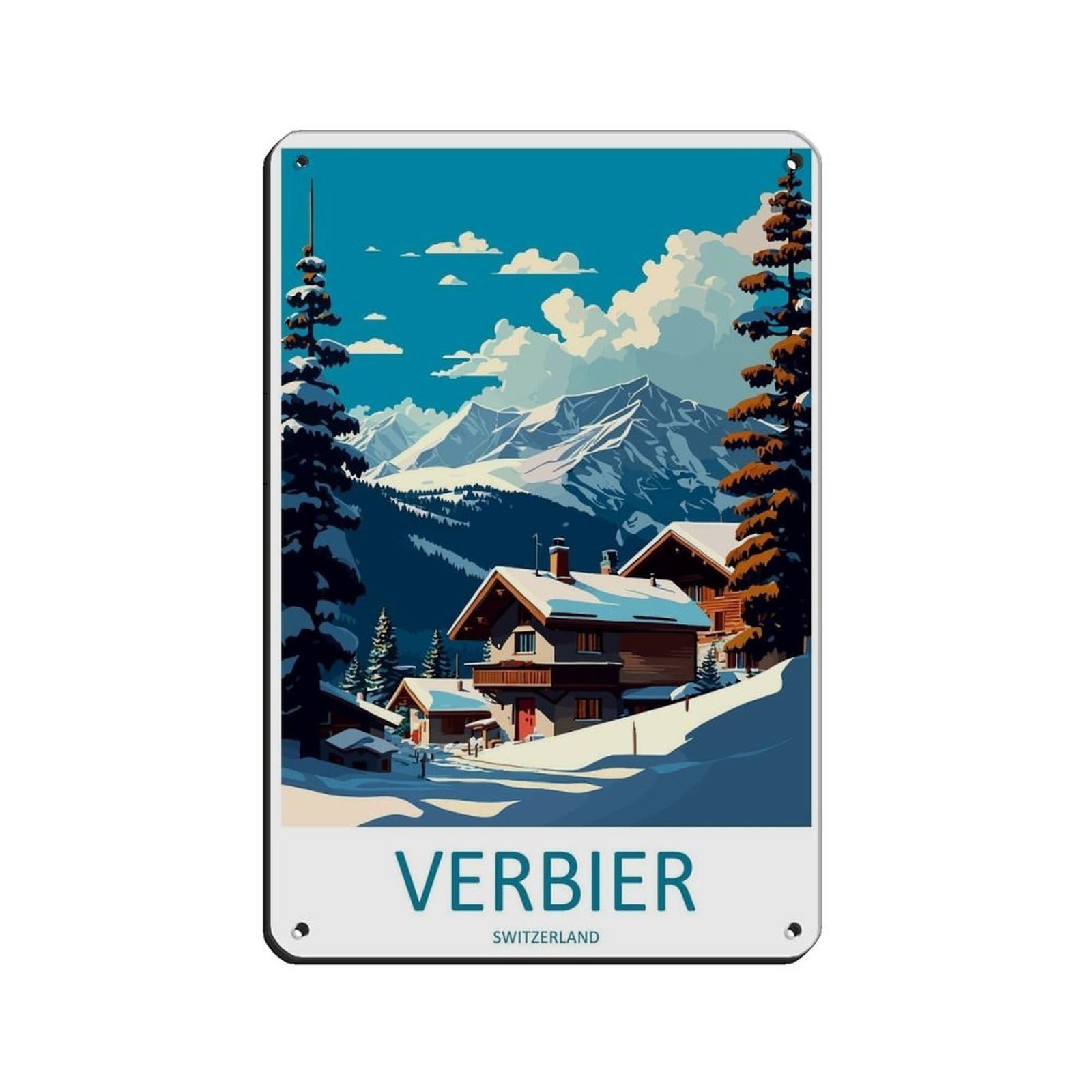 Verbier Travel Art Ski Art Lover Gift Retro Poster Metal Tin Sign Chic Art Retro Iron Painting Bar People Cave Cafe Family Garage Poster Wall Decoration 8x12inch(20x30cm)