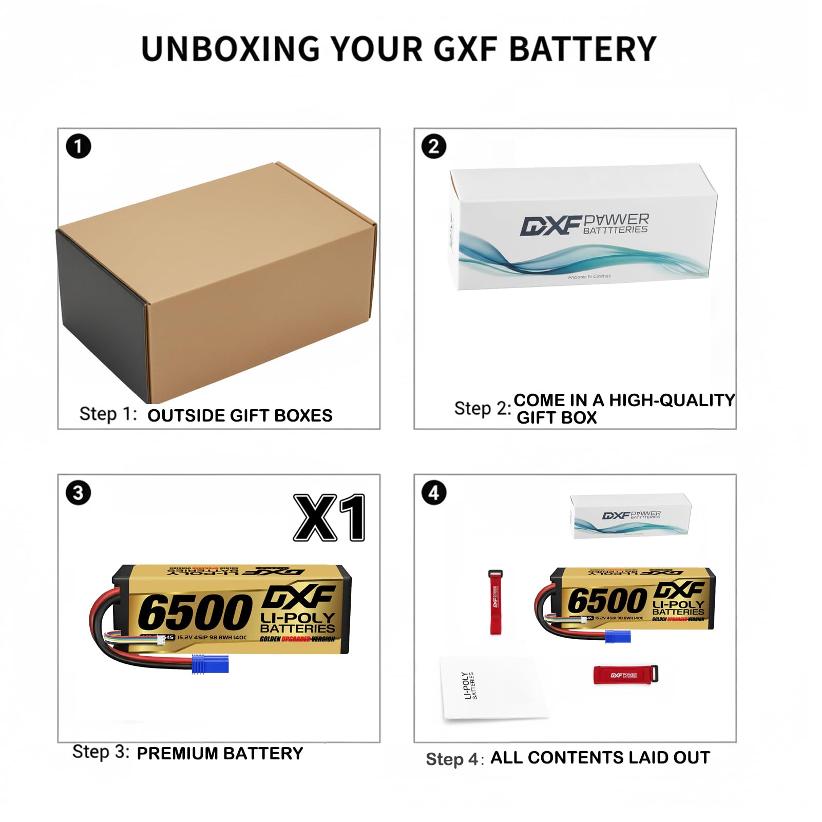 DXF Batteria LiPo 4S 15.2V 6500mAh 140C HV Spina EC5 Auto RC Truck Buggy 1/8 1/10 Alte Prestazioni Potente Tecnologia Avanguardia Sicurezza Gare Racing Modellismo 1 Pezzo