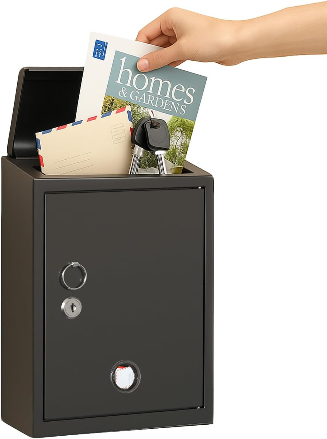 Mailbox Wall Mount with Key Unlock, Locking Mailbox for House Outside, Security Key Drop Box, Letters, Magazines Drop Box, Black