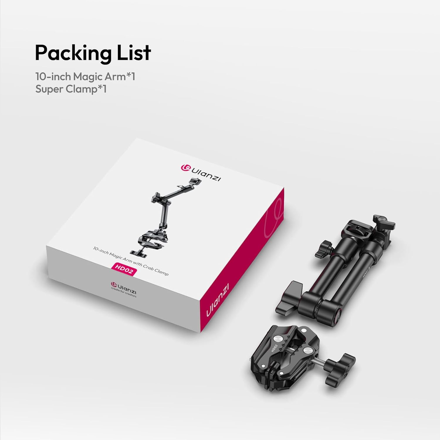 ULANZI HD02 10-inch Magic Arm and Super Clamp Kit packaging and components