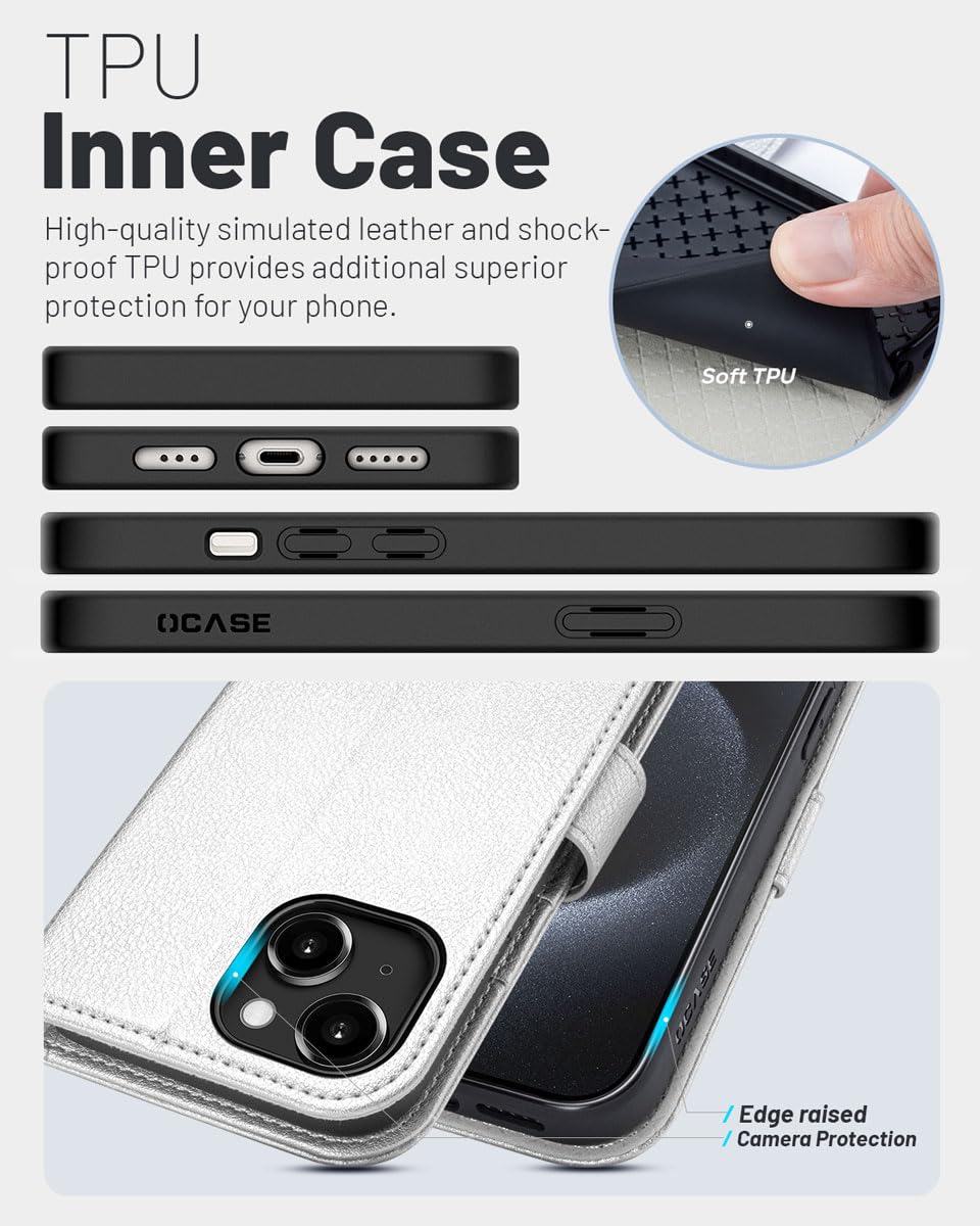 Étui Portefeuille IPhone 15 OCASE - Protection RFID - Support Intégré - Cuir PU Anti-choc