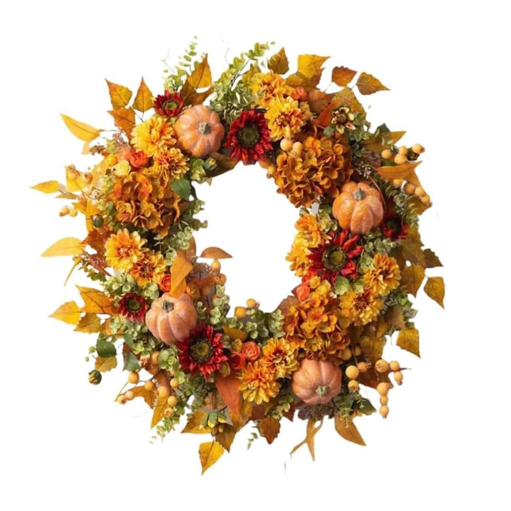 Kouamor Yellow 45Cm Autumn Wreath, Autumn Door Wreath, Autumn Wreaths For Front Door, Artificial Pumpkin Hydrangea Maple Leaf Fall Wreath, For Thanksgiving Harvest Halloween Wall Window Decorations