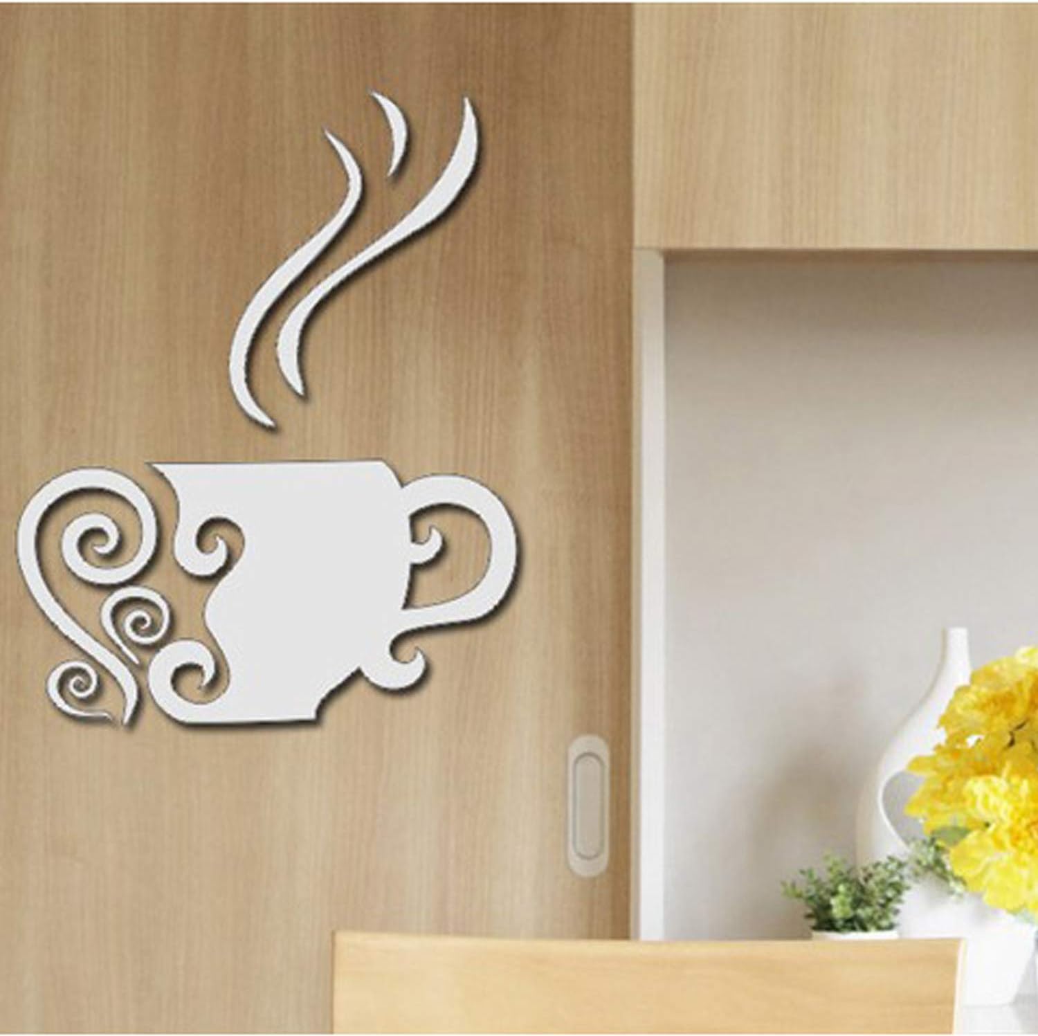 WGFKVAS 3D DIY Coffee Cup Wall Stickers, Acrylic Coffee Cup Combination Mirror Effect Wall Sticker Decal Home Decor Silver