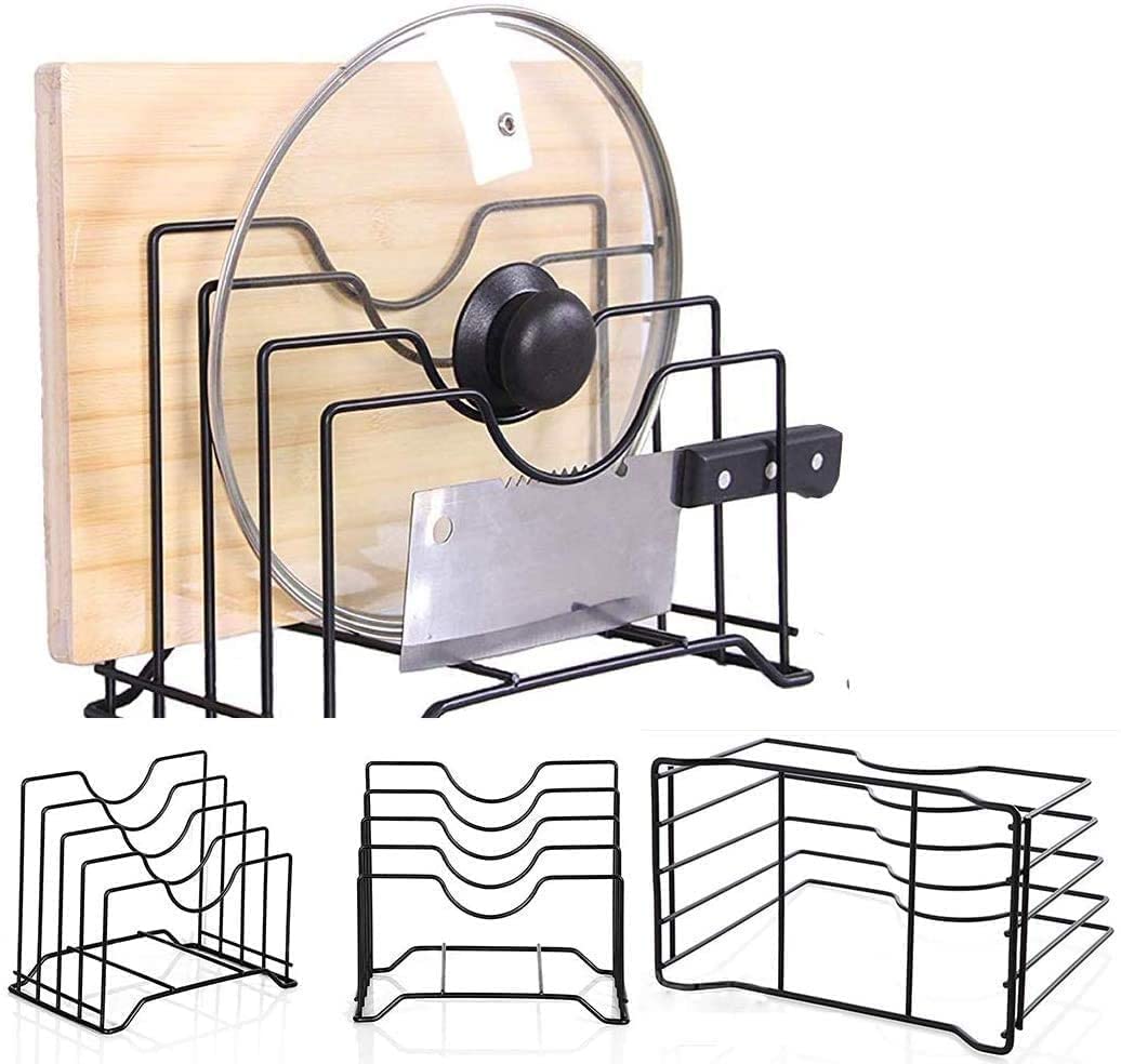 GLOBAL ART STORE- Iron Multifunctional Kitchen Cabinet Pantry Pan and Pot Lid Organizer Rack Holder Multifunctional Kitchen Cookware Chopping Board Organizer Space Saving Storage Rack (Black)