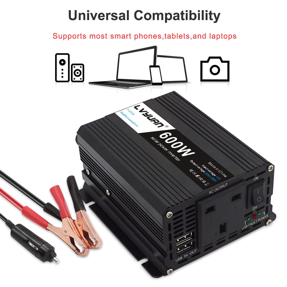 Inversor de corriente de 600 W CC 12 V a CA 230 V 240 V 3 en 1 cargador de coche encendedor de cigarrillos + enchufe de CA + dos puertos de carga USB convertidor de voltaje