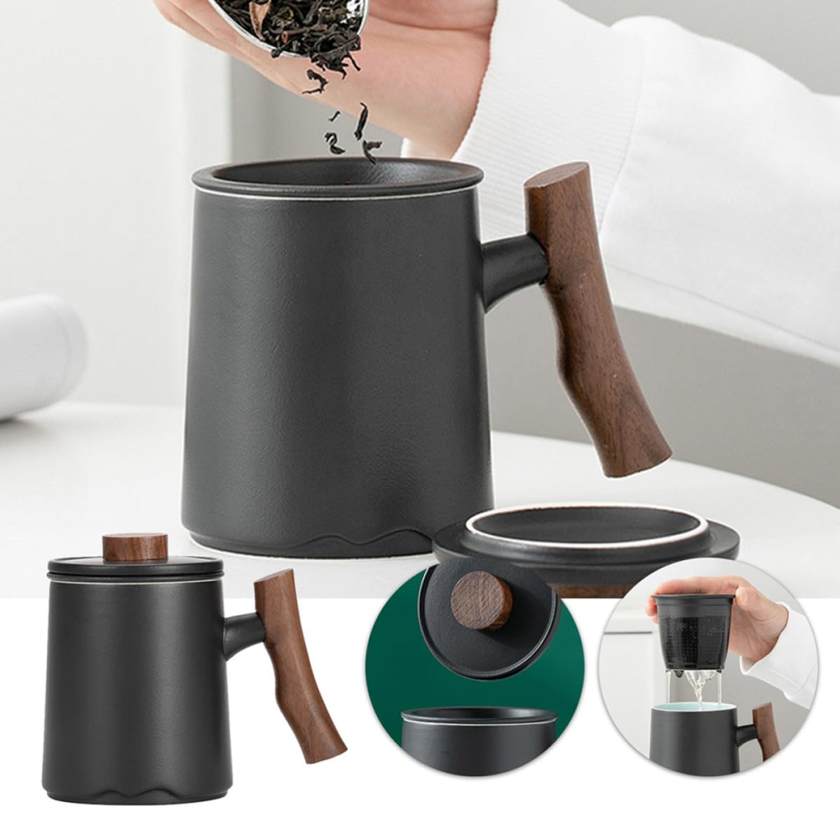 Healifty Taza de Cerámica Negra con Filtro para Infusiones y Mango de Madera de 360ml Diseño Elegante y Capacidad Grande para Diversas Ocasiones