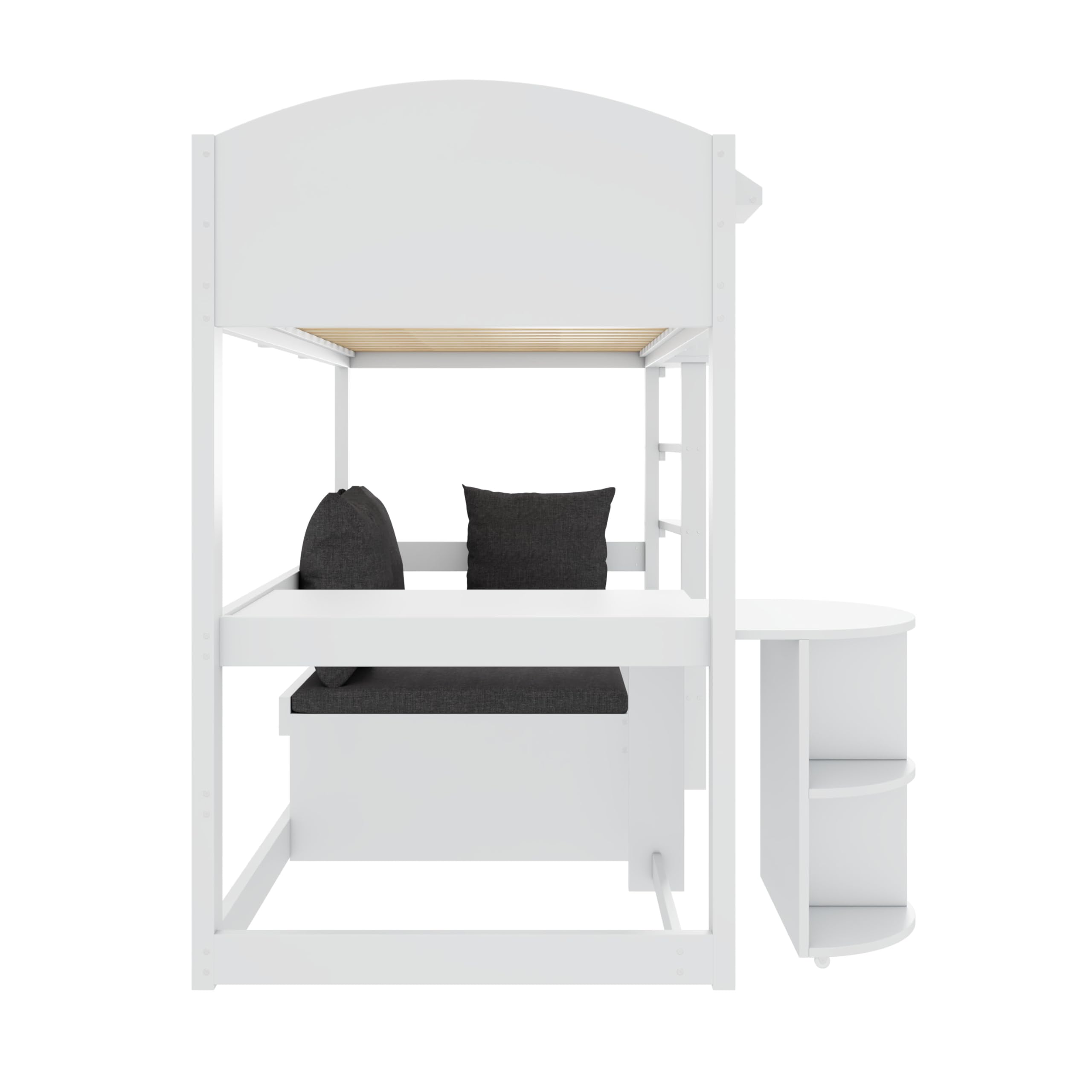 Multifunktionales Kinderbett 90x200cm, Etagenbett Hochbett mit ausziehbarem Tisch, Sofa mit Stauraum, Sitzkissen, Kissen und Lagerregale, Stockbett Kinderhochbett Jugendhochbett, Ohne Matratze, Weiß