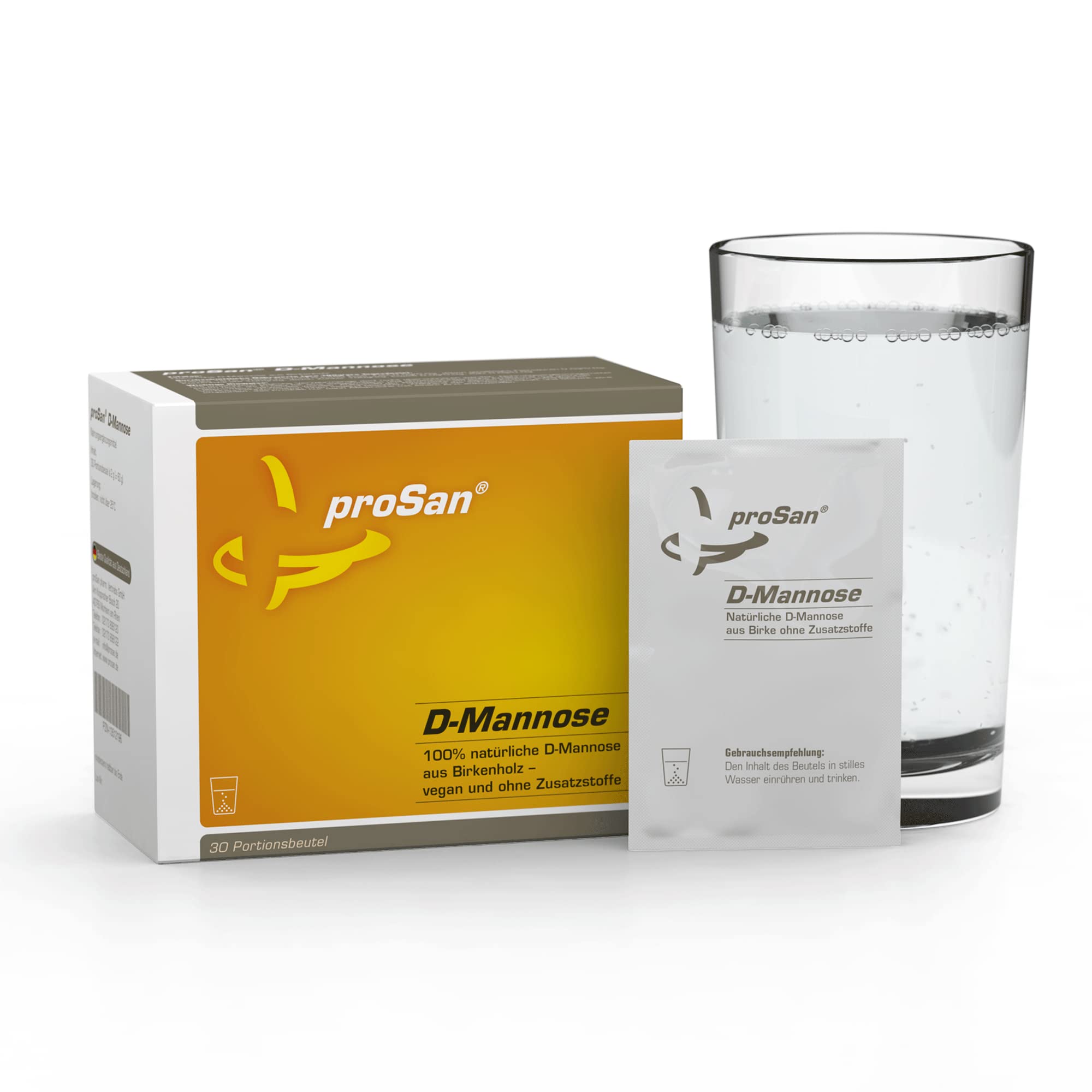 proSan D-Mannose Pulver (Monatspackung: 30 Sachets) | Vegan, 100% Naturbelassen aus Birke, Antibiotikafrei, Praktische Einzeldosen, Frei von Zusatzstoffen