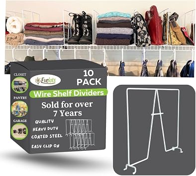 Evelots Wire Shelf Dividers -10 Pack- Closet Storage & Organization for Office/Pantry/Garage - Tall Shelf Separator - Easy Clip-No Tool - Plastic Coated Steel