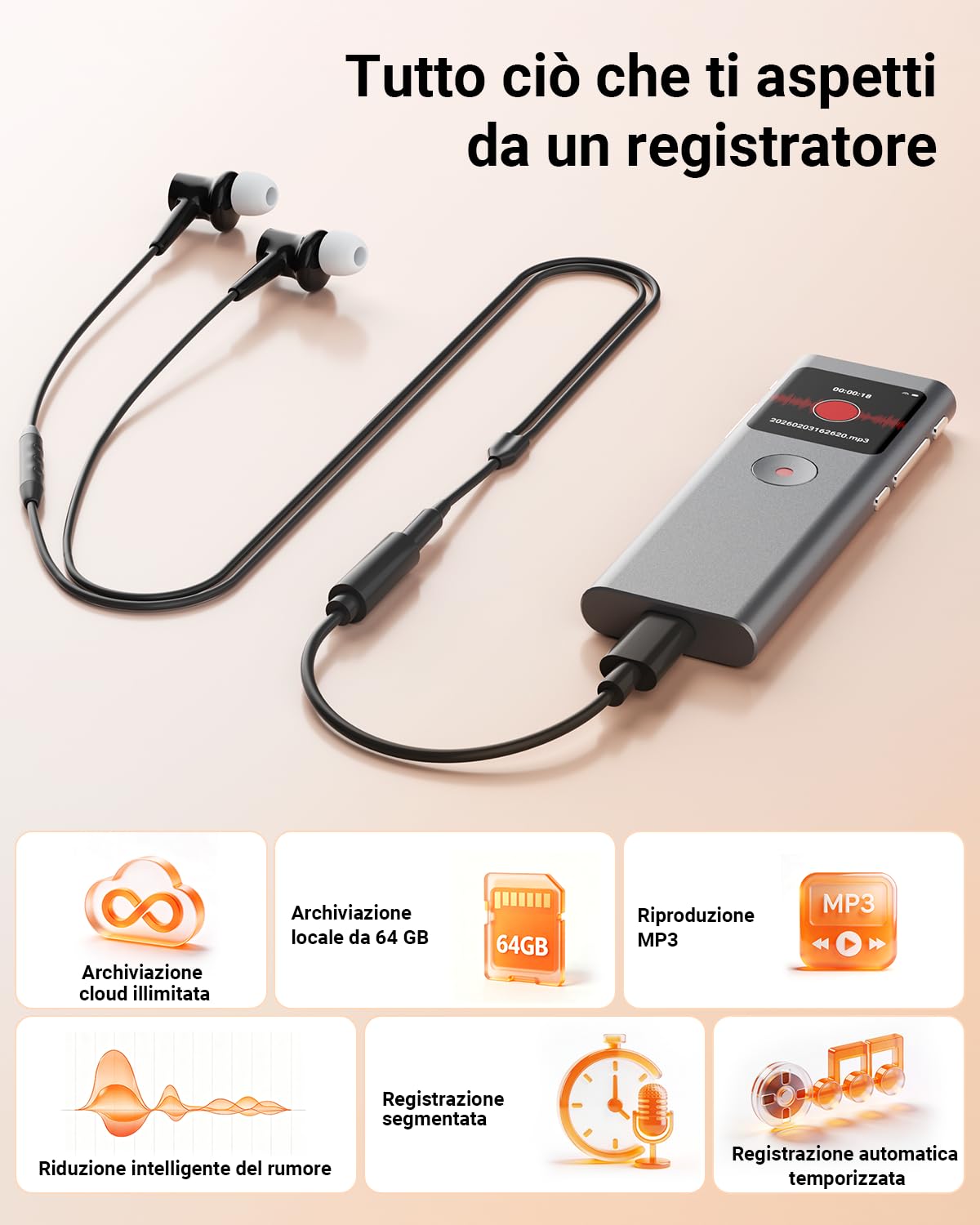 Registratore Vocale AI, 64GB Registratore Digitale Trascrizione e Riassunto Automatico, Supporta 90+ Lingue, Controllo App, Cloud illimitato, con Attivazione Vocale per Riunioni/Lezioni