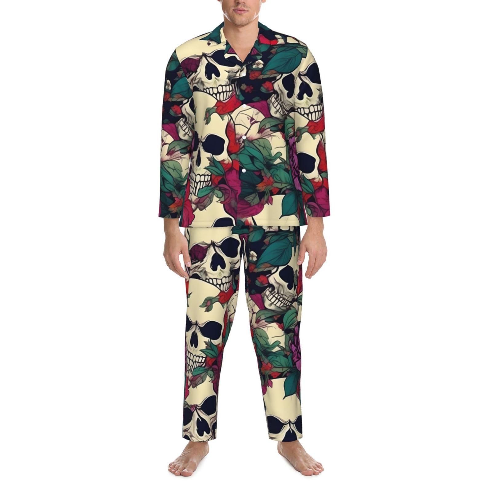 Langärmeliges Pyjama-Set für Herren, mit Blumenmuster, Totenköpfe, zweiteilig, bequem, Nachtwäsche