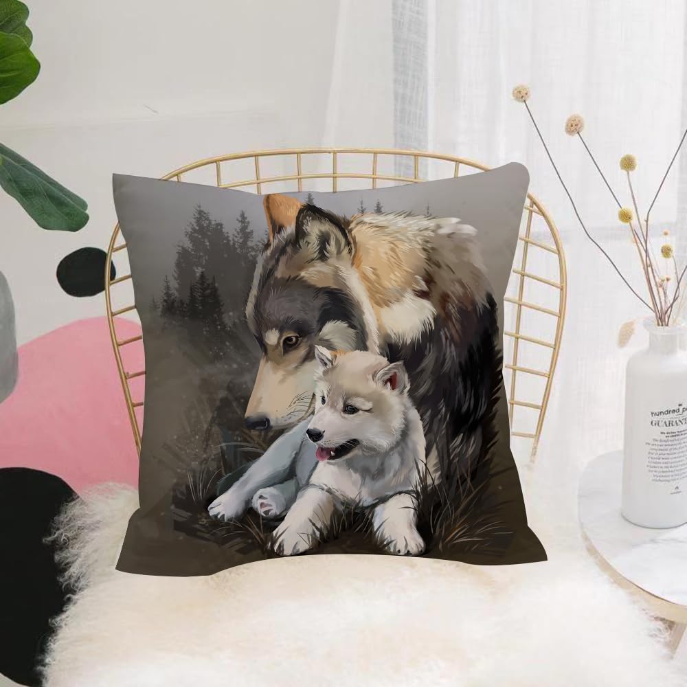 HYMSXW Cushion Cover,Throw Pillow Case Home Decorative for Living Room Bedroom Sofa Chair 20X20 Inch,Wolf cub and his mother. watercolor drawing,Pillowcase 50X50cm