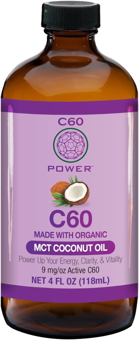 C60 Power C60 in Organic MCT Coconut Oil - Natural Wellness & Antioxidant Supplement for Men & Women, 99.99% Pure Carbon Fullerenes, Promotes Energy, Brain Function, & Stamina - 4 fl oz Bottle