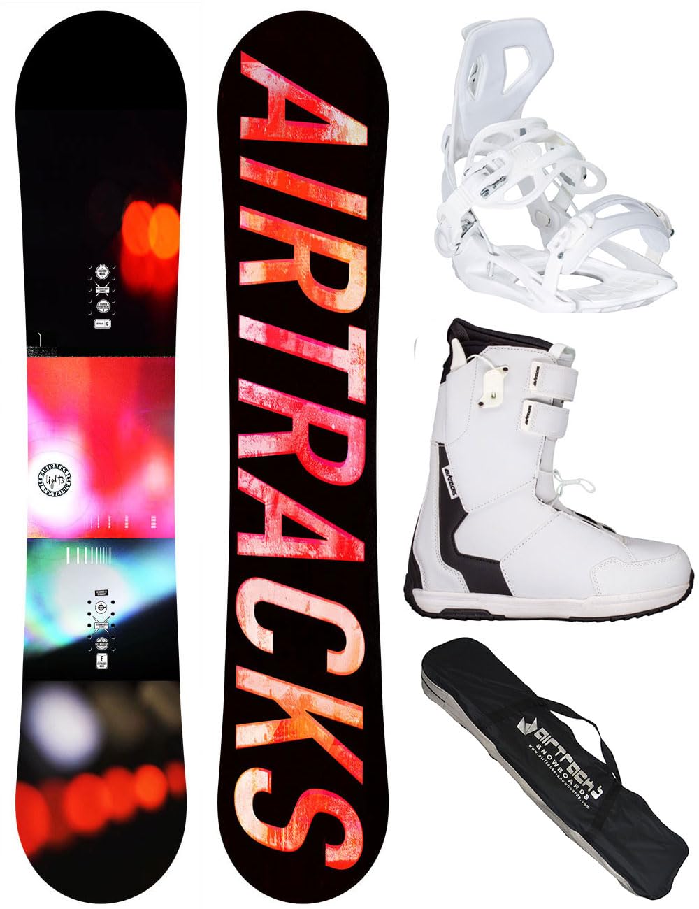 AIRTRACKS Snowboard Set Pack Planche Lights Hybrid Rocker + Fixations Master W + Chaussures + SB Sac 138 144 148 154 cm