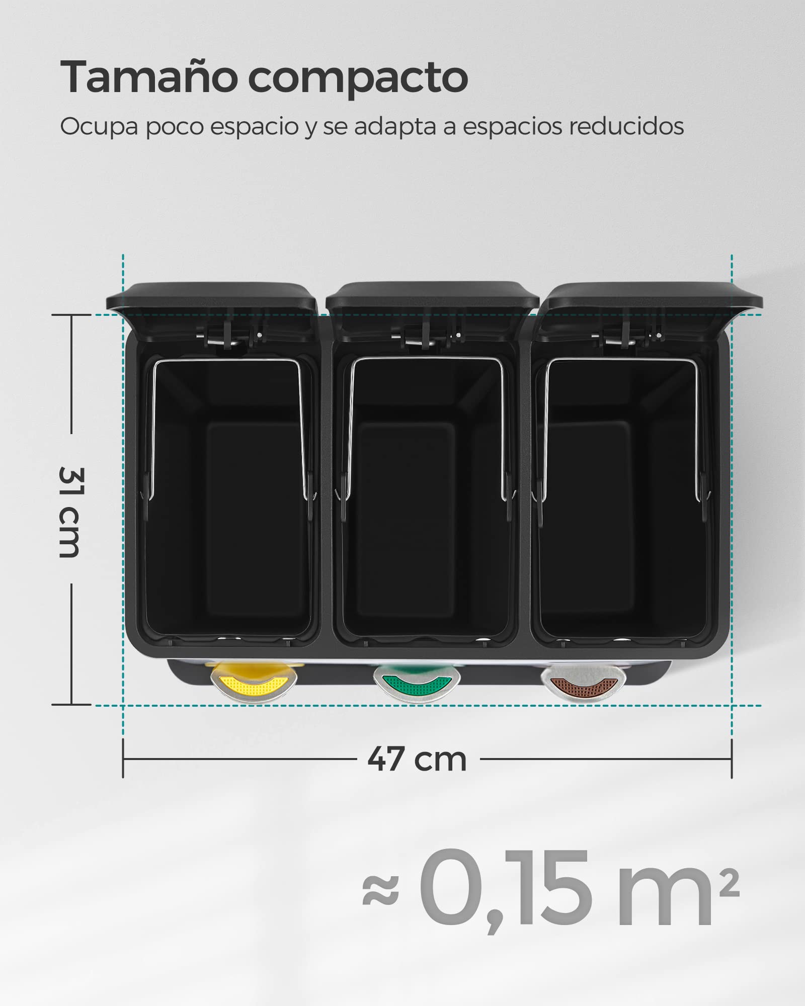 SONGMICS - Papelera de cocina, 3 x 8 L, pequeño volumen, tapas, basura triple de acero, para pequeñas familias, pedales y cuartos, fácil de limpiar, negro LTB24BK