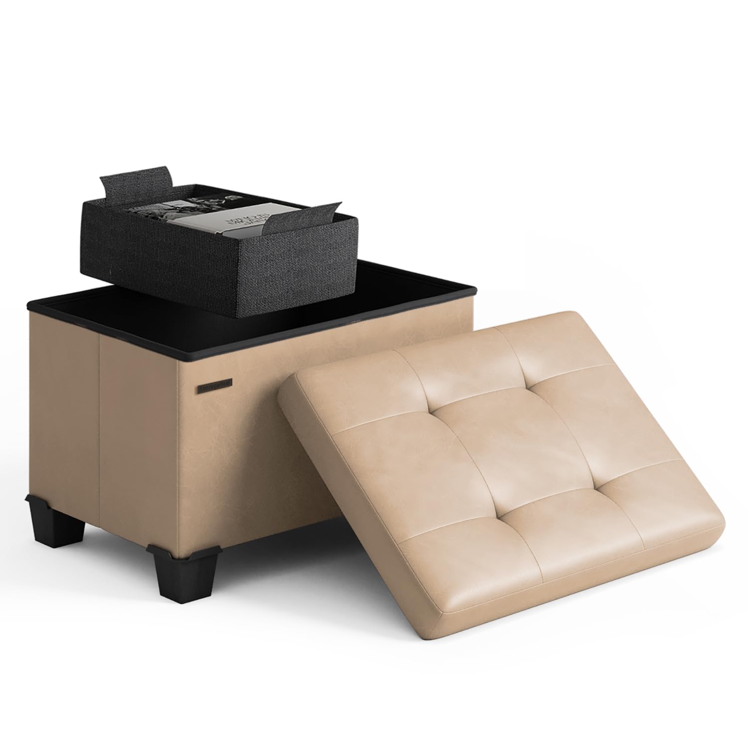 Storage Ottoman Cube with Small Bin, 16-in Square Ottoman with Storage for Living Room and Bedroom, Small Ottomans Foot Rest, Leather Foot Stools