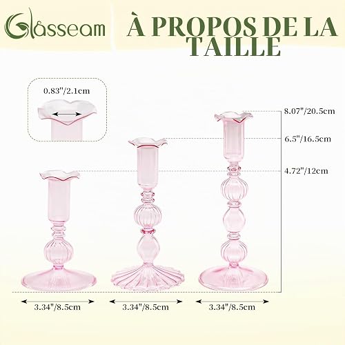 Glasseam Porte-Bougies en Verre Rose : Set De 3 Porte-Bougies Bougeoirs Modernes pour DéCoration De Salon, Table De FêTe, CheminéE - 5