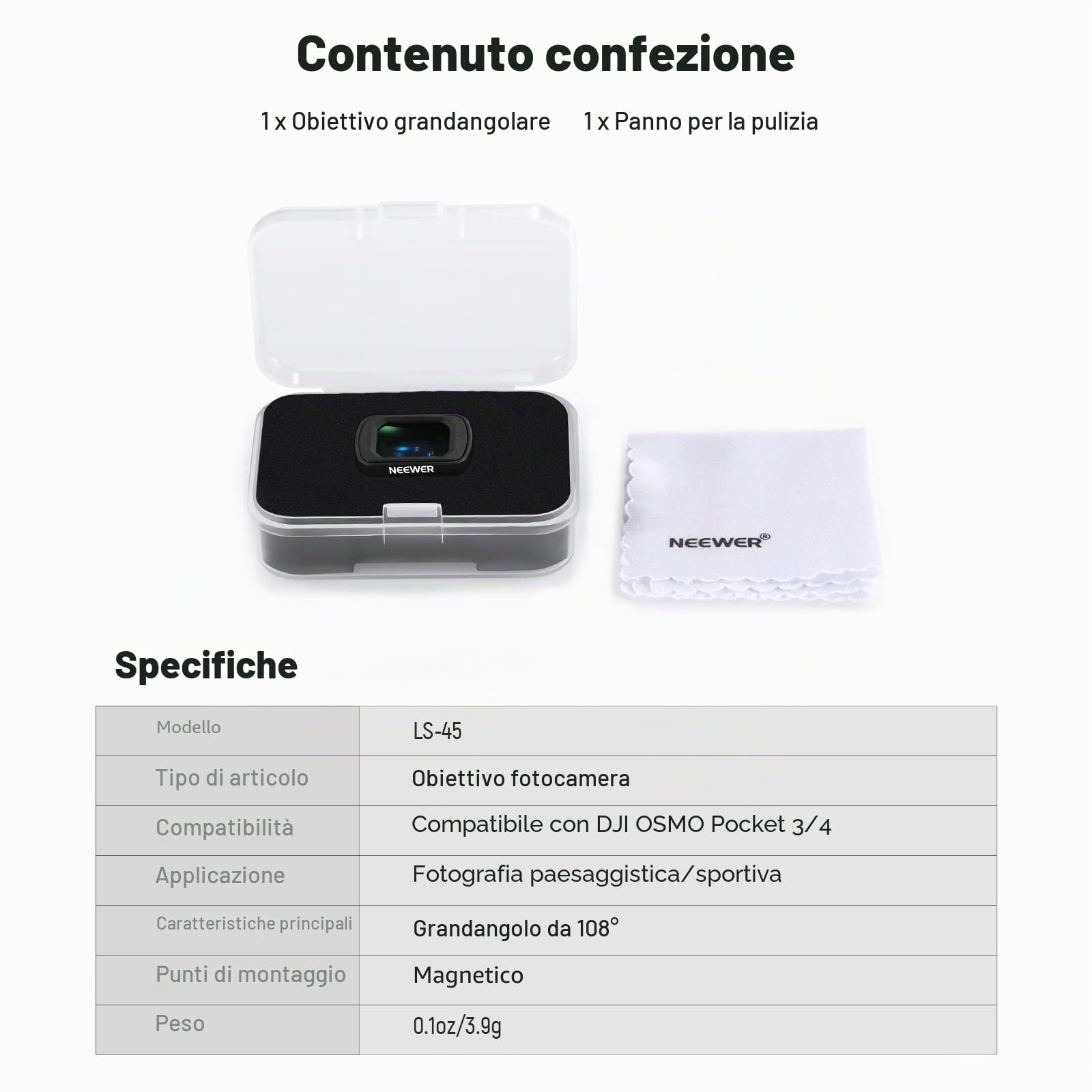 NEEWER Obiettivo Grandangolare 0.75x 108° FOV Compatibile con DJI Osmo Pocket 3 / Pocket 4 / Xtra Muse, Lente Asferica Magnetica HD per Action Camera, LS-45