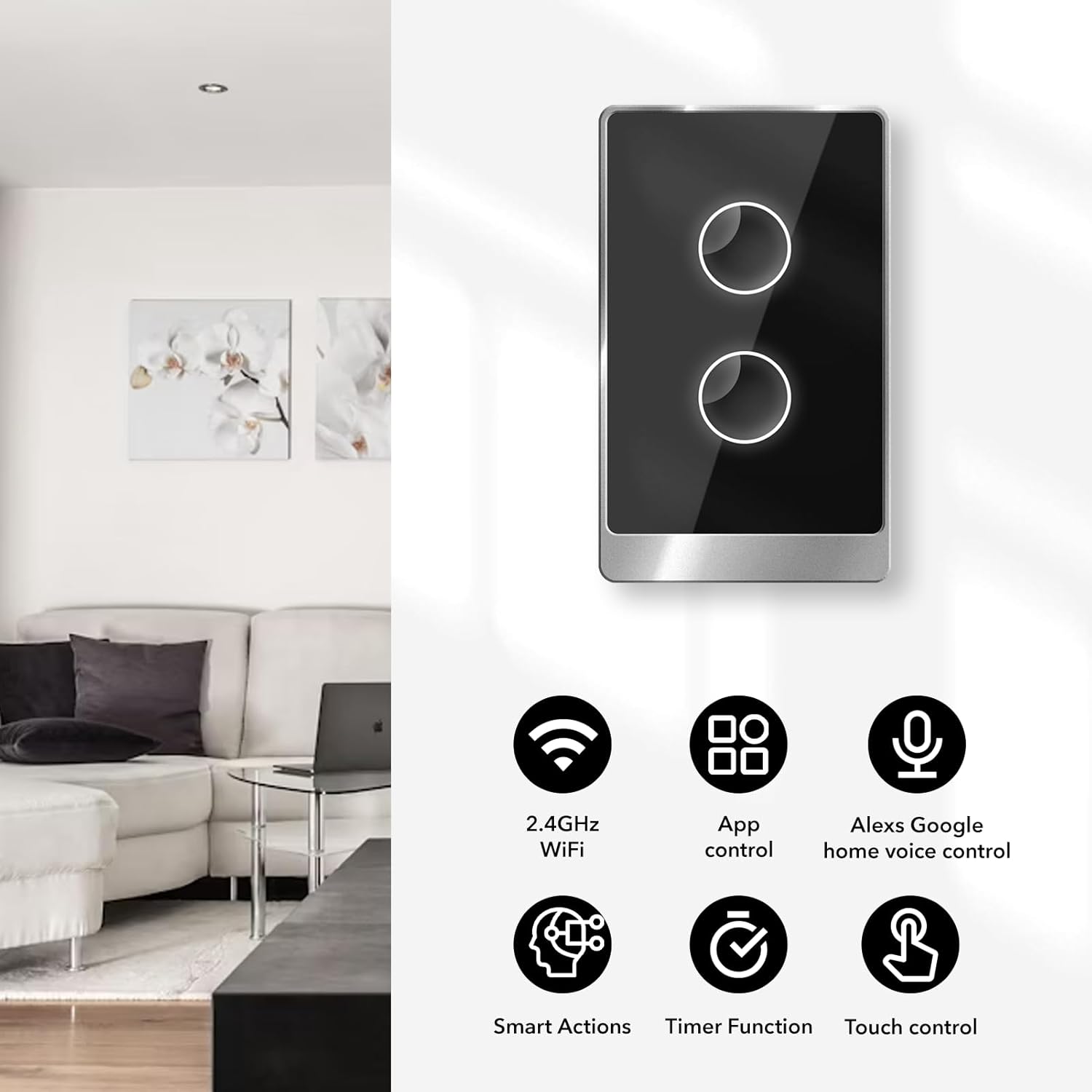 Smart Wall Light Switch, 2.4GHz 2 Gang WiFi Touch Switches, Neutral Wire Required, 3 Way Muti Remote Control Smart Life/Tuya App, Compatible with Alexa, Google Home, Black, 2026