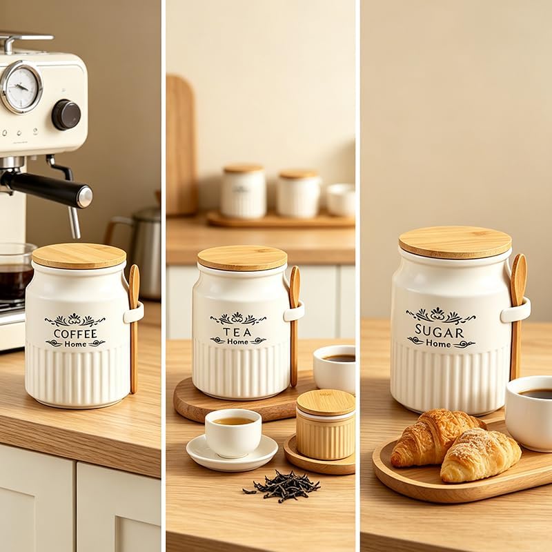 Ceramic Kitchen Canister Set of 3 Airtight Storage Jars